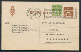 1932 Denmark Uprated 10ore (102 - H) Brevkort Stationery Postcard Copenhagen - Lubeck Germany - Cartas & Documentos