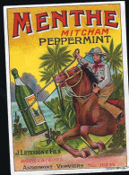 Ancienne étiquette Menthe Mitcham Pepermint  J Letesson & Fils Distillateur  " Cheval, Cow Boy Lasso Bouteille" - Alcohols & Spirits