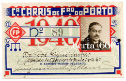Passe Do Médico Da Companhia * Companhia Carris De Ferro Do Porto * 1940 * Portugal Tramway Season Ticket - Europe