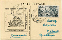 MARTINIQUE CARTE POSTALE JOURNEE DU TIMBRE 1947 DEPART FORT-DE-FRANCE 15 MARS 1947 POUR LA GUADELOUPE - Brieven En Documenten