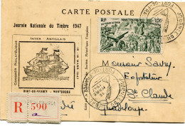 MARTINIQUE CARTE POSTALE RECOMMANDEE JOURNEE DU TIMBRE 1947 DEPART FORT-DE-FRANCE 15 MARS 1947 POUR LA GUADELOUPE - Covers & Documents