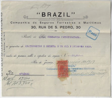 1919 Brazil Insurance Company Receipt From Rio De Janeiro Tax Stamp From The National Treasury 300 Réis - Cartas & Documentos