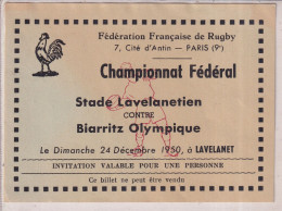 Billet Du Championnat Fédéral Stade Lavelanetien Contre Biarrtz Olympique  Dimanche 20 Décembre 1950 à Lavelanet - Rugby