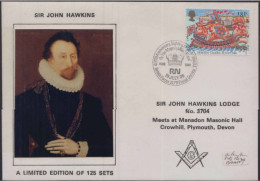 Sir John Hawkins Lodge No. 3704 English Slave Trader, Naval Commander Navigator, Freemasonry, Very Limited Masonic Cover - Franc-Maçonnerie