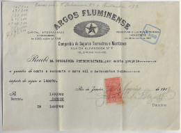 Brazil 1919 Argos Fluminense Receipt Insurance Company From Rio De Janeiro National Treasury Tax Stamp 300 Réis - Lettres & Documents