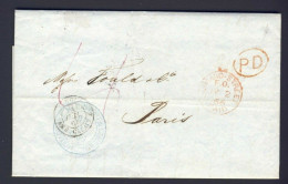 STAMPLESS - 1866 English Stamp-less Folded Letter To Paris With 3x PM & Red PD Oval - Other & Unclassified