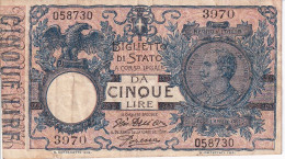 BILLETE DE ITALIA DE 5 LIRAS DEL AÑO 1904 -VITORIO EMANUELE III  (BANKNOTE) FIRMAS RARAS - Italia – 5 Lire