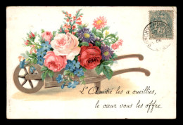 FANTAISIE - BROUETTE DE FLEURS - CARTE GAUFREE - Flowers