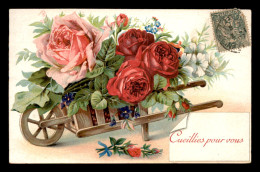FANTAISIE - BROUETTE DE FLEURS - ROSES - CARTE GAUFREE - Flowers