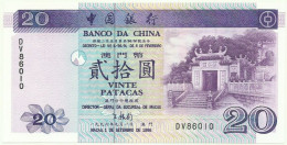 MACAU - 20 Patacas - 1.9.1996 - Pick 91 - Unc. - Serie DV - Banco Da China PORTUGAL Macao - Macao