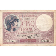 France, 5 Francs, Violet, 1939, T.62521, TTB, Fayette:4.8, KM:83 - 5 F 1917-1940 ''Violet''