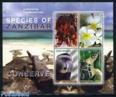 Tanzania 2006 Species Of Zanzibar 4v M/s, Mint NH, Nature - Flowers & Plants - Monkeys - Reptiles - Turtles - Tanzania (1964-...)