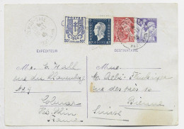 CHAINE 50C+ 40C DULAC + MERCURE 30C SUR ENTIER 1FR20 IRIS CP COLMAR GARE 20.11.1945 POUR SUISSE AU TARIF 2FR40 PEU COM - 1941-66 Coat Of Arms And Heraldry