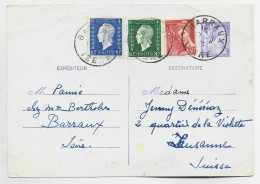 DULAC 10C+80C+ 30C MERCURE SUR ENTIER 1FR20 IRIS CP BARRAUX 17.9.1945  POUR SUISSE AU TARIF 2FR40 PEU COMMUN - 1944-45 Marianne (Dulac)