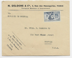 FRANCE JACQUES CARTIER 1FR50 NEUF PERFORE H.D. LETTRE ENTETE H DELOCHE PARIS POUR USA VIA S/S CITY OF NORFOLK - Lettres & Documents