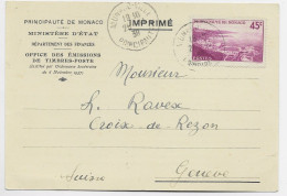 MONACO 45C SEUL CARTE MENTION IMPRIME OBL MONACO 1939 POUR SUISSE AU TARIF - Lettres & Documents