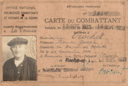 Carte Du Combattant Valable Du :15 Sept 1933 -14 Sept1938 - Documents