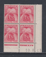 France Timbres-Taxe N° 71 XX  : 1 F. 50 Rouge En Bloc De 4 Coin Daté Du  10 . 8 . 43 .   3 Points Blancs, Sans Cha. TB - Portomarken