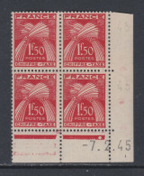 France Timbres-Taxe N° 71 XX  : 1 F. 50 Rouge En Bloc De 4 Coin Daté Du  7 . 2 . 45 .   1 Point Blanc, Sans Cha. TB - Postage Due