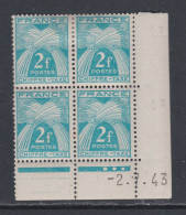 France Timbres-Taxe N° 72 X : 2 F. Bleu-vert En Bloc De 4 Coin Daté Du  2 . 7 . 43 .   3 Pts Blancs, Trace Cha. Sinon TB - Strafport