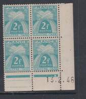 France Timbres-Taxe N° 72 X : 2 F. Bleu-vert En Bloc De 4 Coin Daté Du  13 . 2 . 46 .   1 Pt Blanc, Trace Cha. Sinon TB - Postage Due