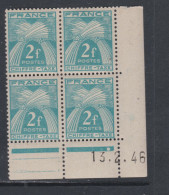 France Timbres-Taxe N° 72 X : 2 F. Bleu-vert En Bloc De 4 Coin Daté Du  13 . 2 . 46 .   1 Pt Blanc, Trace Cha. Sinon TB - Impuestos