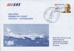 United States SAS First BOEING-767 Flight CHICAGO-COPENHAGEN 1989 Cover Brief Lettre Igor Sikorsky Helicopter Stamp - FDC