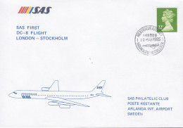 Great Britain SAS First DC-8 Flight LONDON-STOCKHOLM, HEATHROW AIRORT 1985 Concorde Cachet Cover Brief Lettre 22p. QEII. - Briefe U. Dokumente