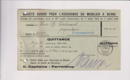 Quittance Société Suisse Assurance Du Mobilier Du Mobilier à Berne - G.Capitaine à Porrentruy (Suisse) Du 20-VIII-24 - Switzerland