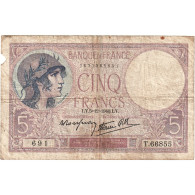 France, 5 Francs, Violet, 1940, T.66855, B+, Fayette:4.14, KM:83 - 5 F 1917-1940 ''Violet''