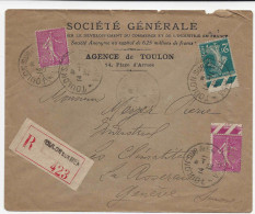 1932 Lettre Recommandée SOCIETE GENERALE, Semeuse 2 Fr + 2 X 75 C Perforés SG TOULON Pour Genève Suisse, Perfin - Briefe U. Dokumente