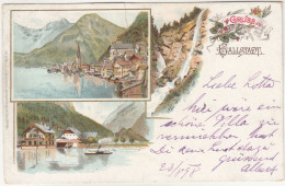 E4899) GRUSS Aus HALLSTADT - Hallstatt - LITHO Schiff Wasserfall Häuser 1898 - Hallstatt