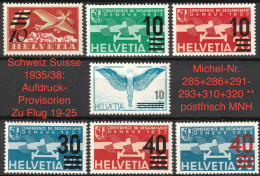 Schweiz Suisse 1935/38: Aufdruck-Provisorien Zu Flug 19-25 Mi 285+286+291-293+310+320 ** Postfrisch MNH (Zu CHF 50.00) - Nuovi