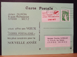 Code Postal, Carte Postale De Voeux Circulée Ave Sabine De Gandon 1974. Oblitérée Sur Vignette 57000 Metz - Cartas & Documentos