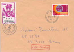 GREVE DE LYON 1974 AVEC VIGNETTE GUIGNOL TAXE TIMBRE FRANCE + SUISSE LYON GENEVE LETTRE COTE 260 € - Documents