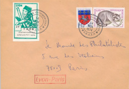 GREVE DE LYON 1974 VIGNETTE 2F GUIGNOL TAXE TIMBRE FRANCE CHEFFER LETTRE Enveloppe - Documents