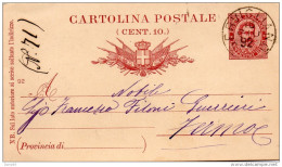 1892  CARTOLINA CON ANNULLO SERVIGLIANO FERMO - Stamped Stationery