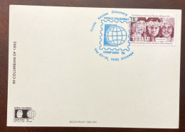D)1992, TUVALU, FIRST DAY COVER, ISSUE V CENTENARY OF THE DISCOVERY OF AMERICA, COLUMBUS AND POLYNESIAN COUPLE, FDC - Tuvalu