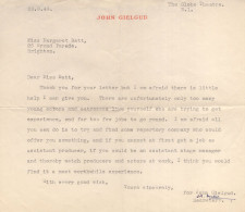 John Gielgud Personal London Theatre Letter 1949 Secretary Hand Signed - Actores Y Comediantes 