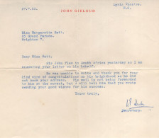 John Gielgud Knighthood Letter Of Congratulations Secretary Hand Signed - Actors & Comedians