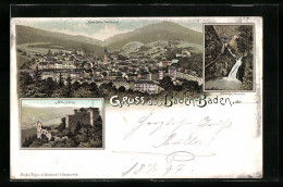 Lithographie Baden-Baden, Altes Schloss, Allerheiligen Wasserfall, Totalansicht  - Baden-Baden