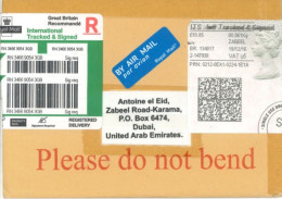 GREAT BRITAIN. - 2016, REGISTERED POSTAGE PAID LABEL HARDBOARD COVER TO DUBAI. - Cartas & Documentos