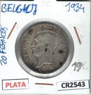 CR2543 MONEDA 20 FRANCOS BELGICA ALBERTO I PLATA 1934 - Andere - Europa