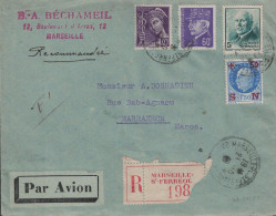 BOUCHES DU RHONE - MARSEILLE - BEL AFFRANCHISSEMENT SUR LETTRE RECOMMANDEE POUR MARRAKECH - MAROC - 21-10-42-VERSO - Posttarife