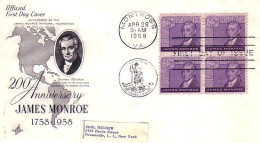 USA James Monroe Blk/4 FDC ( A60 951) - 1951-1960