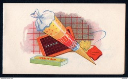A0802 - Alte Glückwunschkarte - Schulanfang Klappkarte Zuckertüte Rechenbrett Federkästchen - Einschulung