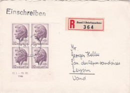 Suisse--1946--Lettre Recommandée BALE Pour LEYSIN -Vaud...timbres, Bloc De 4 Coin Daté Seul Sur Lettre ..  Beaux Cachets - Cartas & Documentos