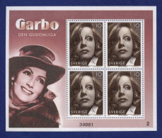 SUEDE BF30 Y&T Neuf ** (4x N°2475) Greta Garbo Numéroté 30881. SWEDEN MINIATURE SHEET Mint**. RARE, UNIQUE. 2005. - Blocchi & Foglietti