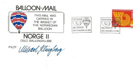 Norway Norge 1984 Balloon-mail   Norge II Oslo Ballongklubb  Pilot Klingberg  Sign, Cancelled Tønsberg 3.6.94 - Storia Postale