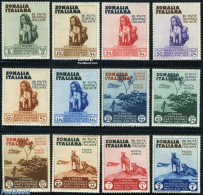 Italian Somalia 1934 Colonial Exposition 12v, Unused (hinged), History - Nature - Transport - Women - Animals (others .. - Non Classificati